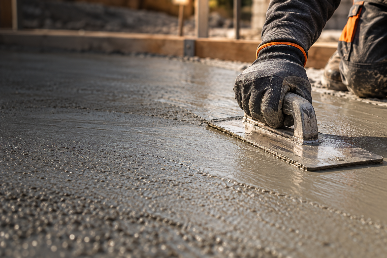 Gloved hands finishing fresh concrete with a metal float